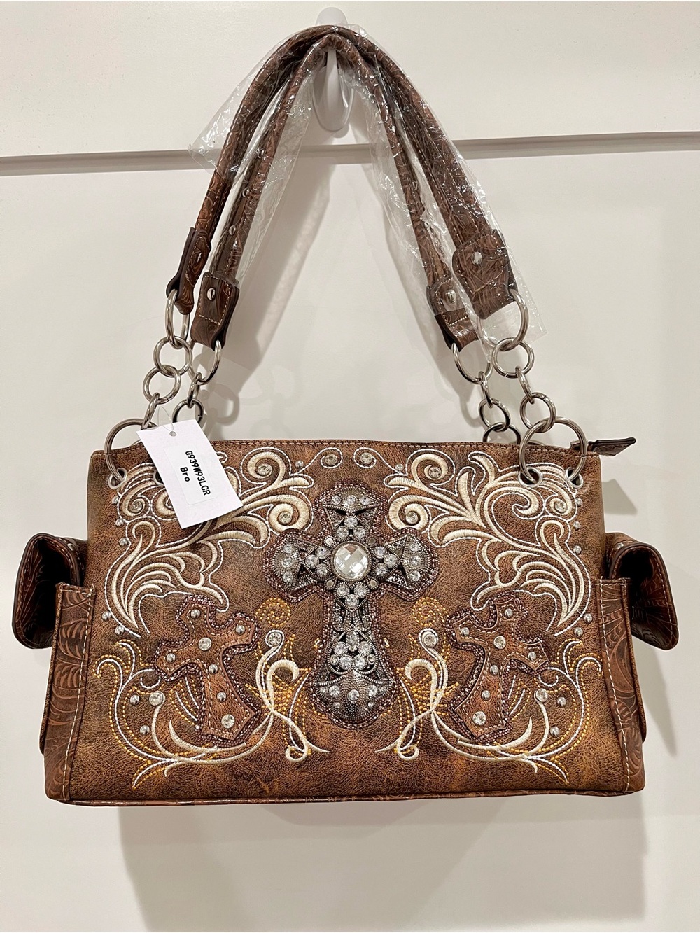 Western Brown Embroidered Handbag with Cross Rhinestone Design NWT